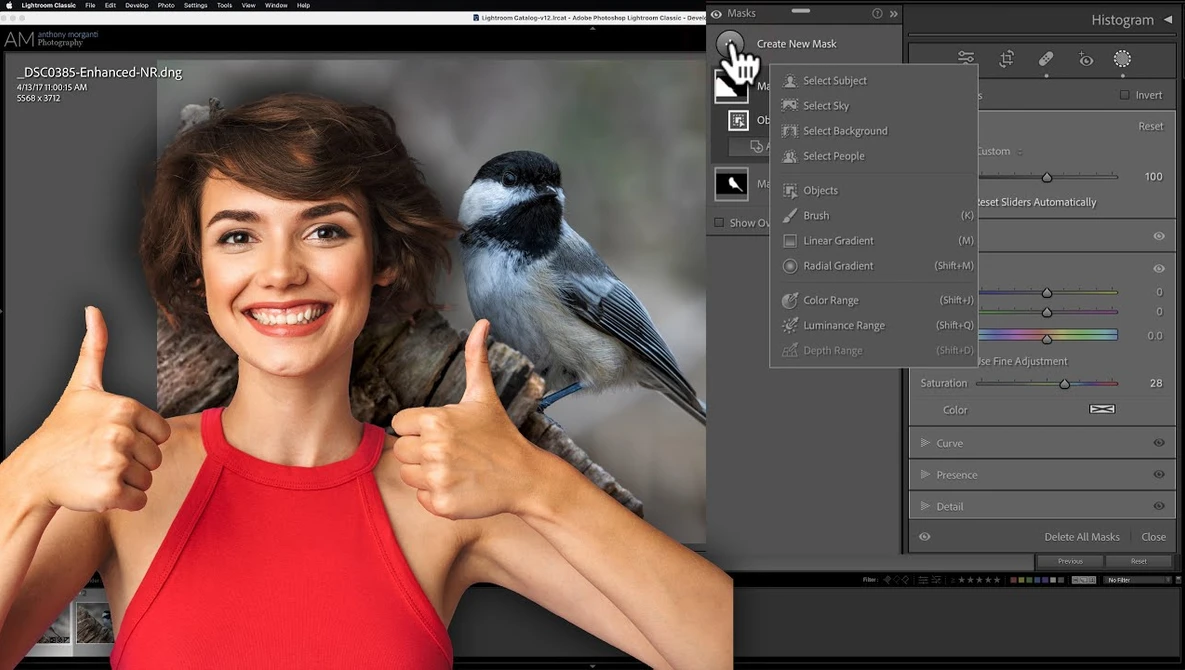 Screenshot of photo editing software showing a woman in a red shirt giving thumbs up with a blue jay perched on her shoulder.
