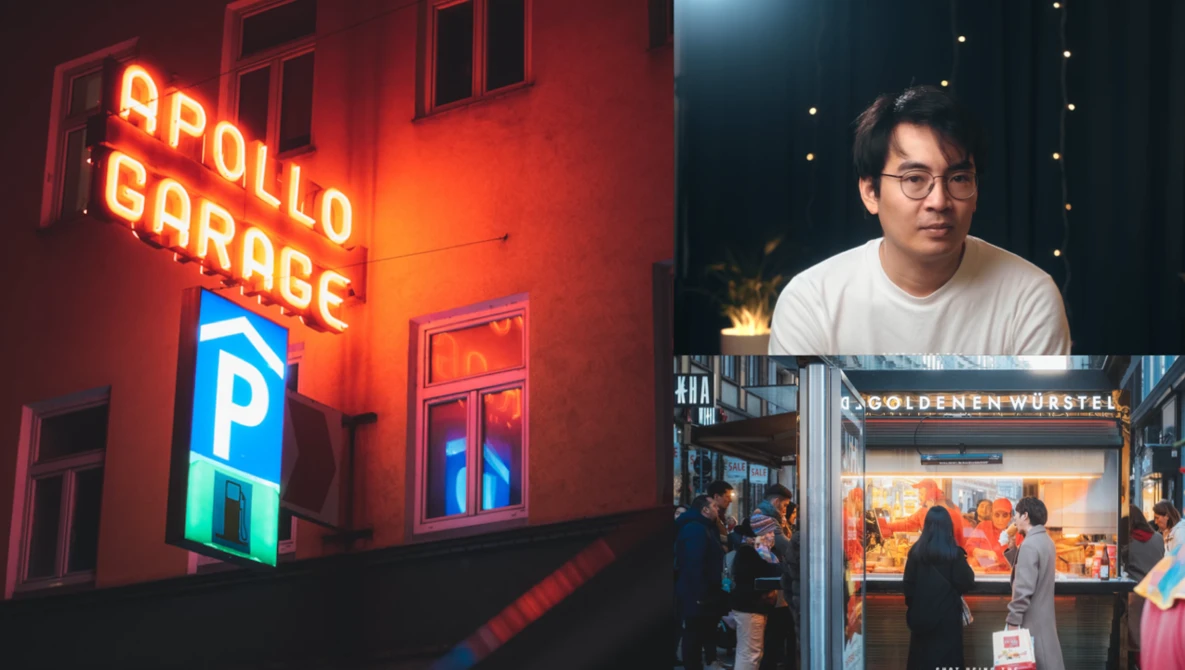 Neon signs for Apollo Garage and parking on red building facade at night.