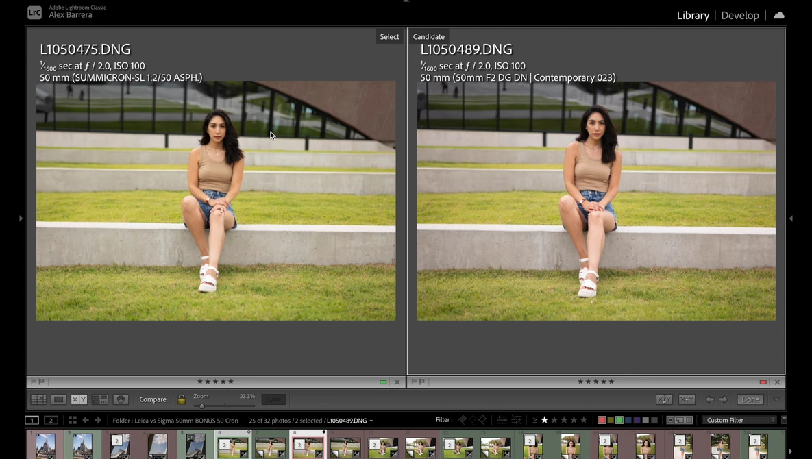 Screenshot of photo editing software showing two similar images of a woman in athletic wear seated outdoors.