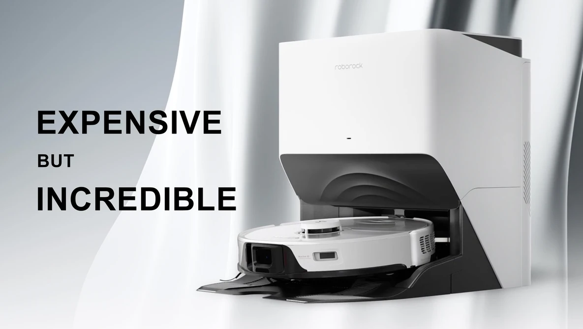 White and black robotic device with motorized tray extended, displayed against white curtain backdrop with contrasting text overlay.