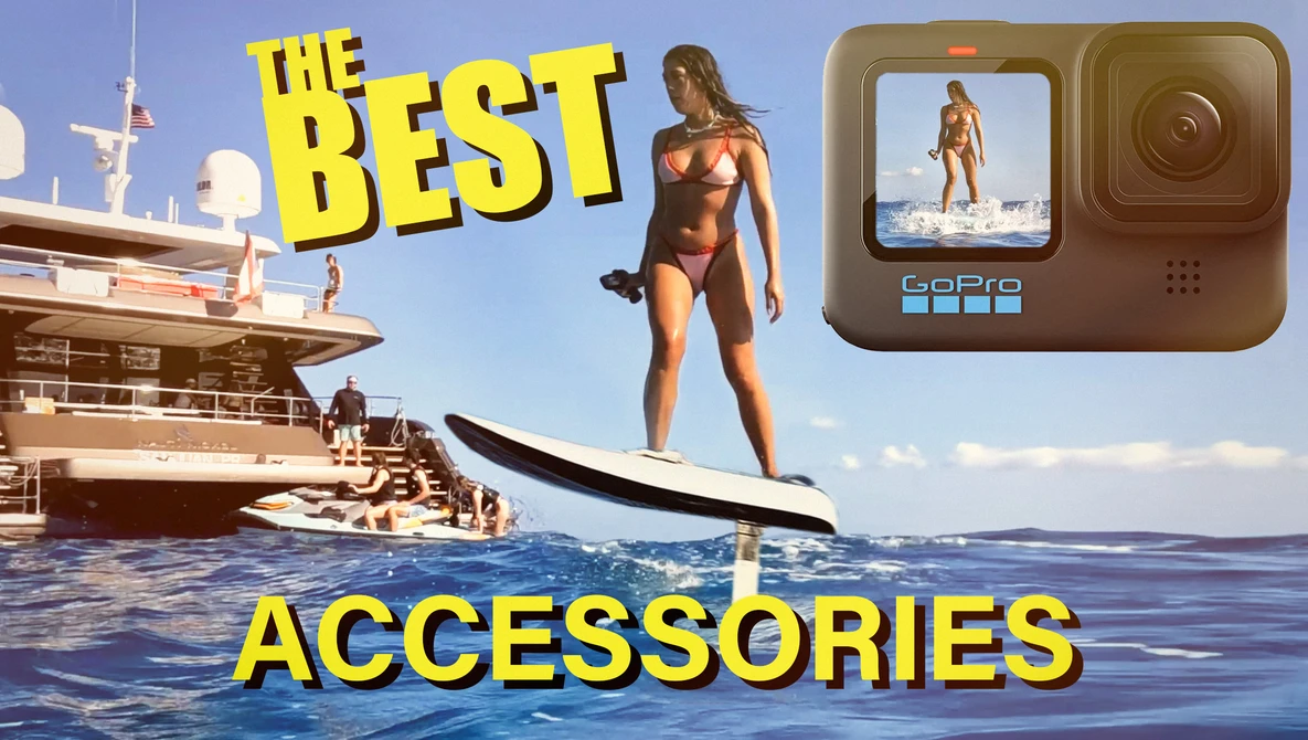 Woman on paddleboard next to luxury yacht with GoPro camera and yellow text overlay reading 'The Best Accessories.'