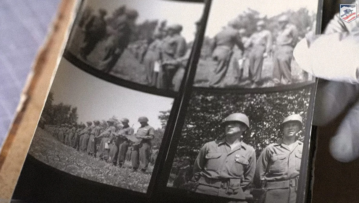 Collection of black and white vintage photographs showing military personnel in uniform formations.