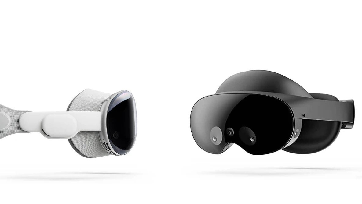 Illustration comparing two VR headsets: a white device with a controller on the left and a dark gray headset on the right.