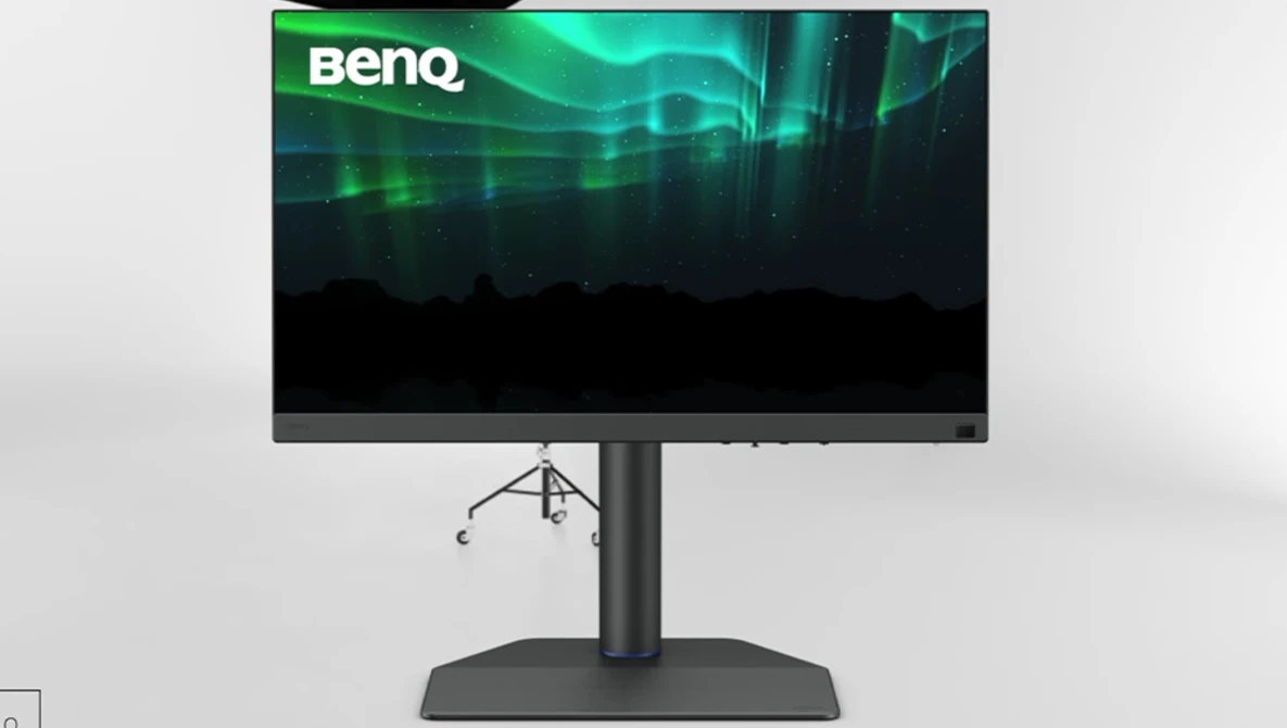 BenQ monitor on an adjustable pedestal stand against a light gray background.