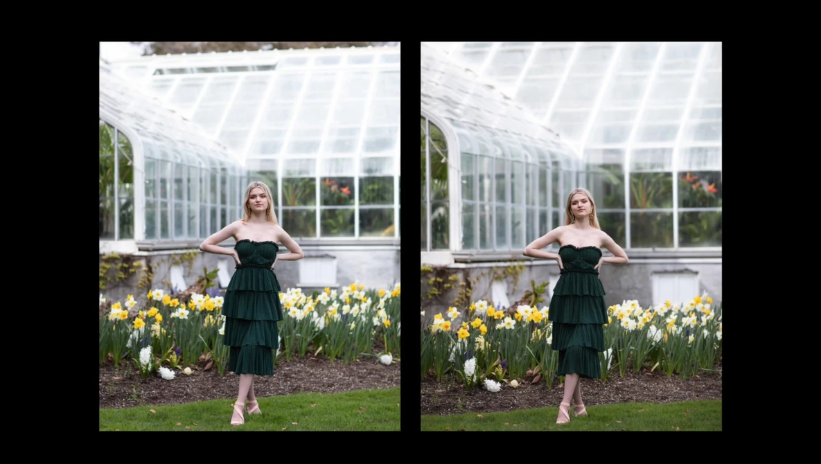 Side-by-side comparison of portrait editing: woman in black dress standing before greenhouse and spring flowers.