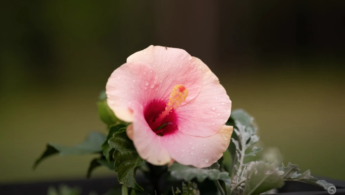 Pink hibiscus flower with deep red center and yellow stamens against blurred green background.