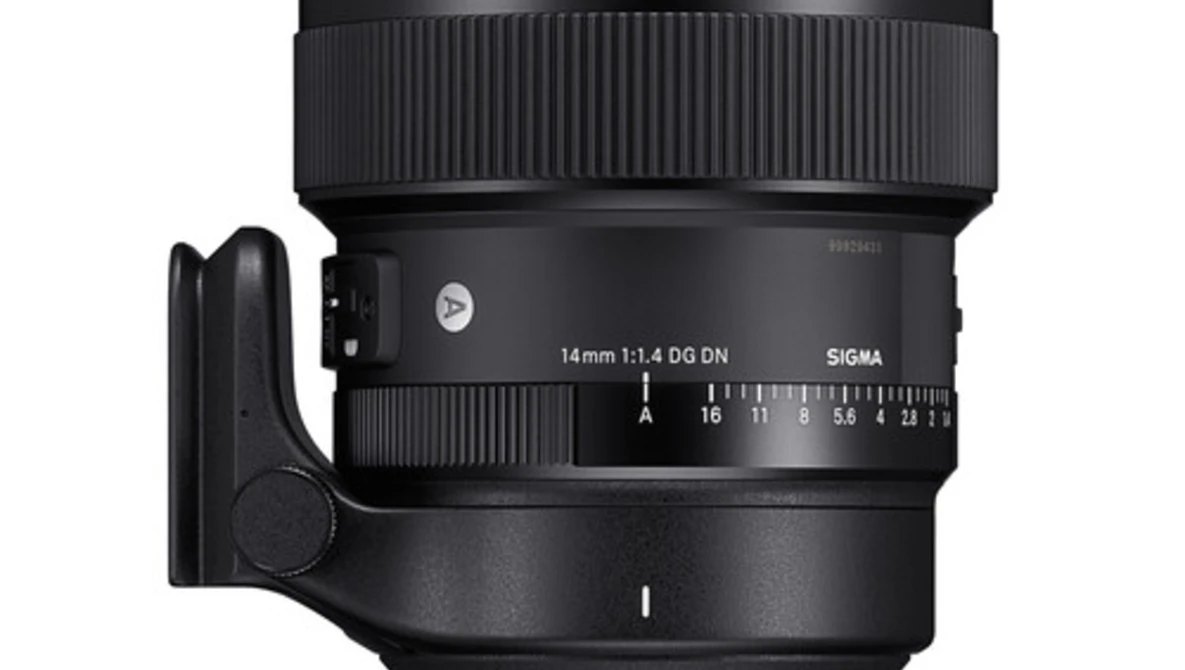 Sigma 14mm f/1.8 DG HSM Art lens with hood attached, shown against white background.