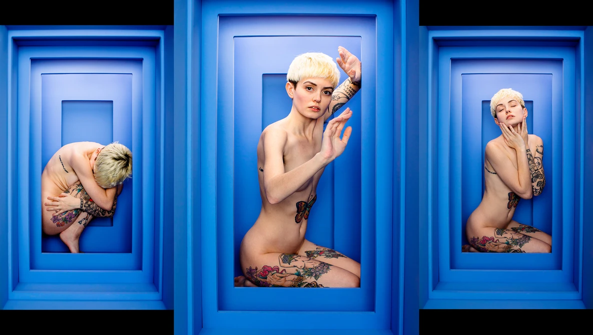 Three figures posed within nested blue rectangular frames, displaying creative portraiture and spatial composition.