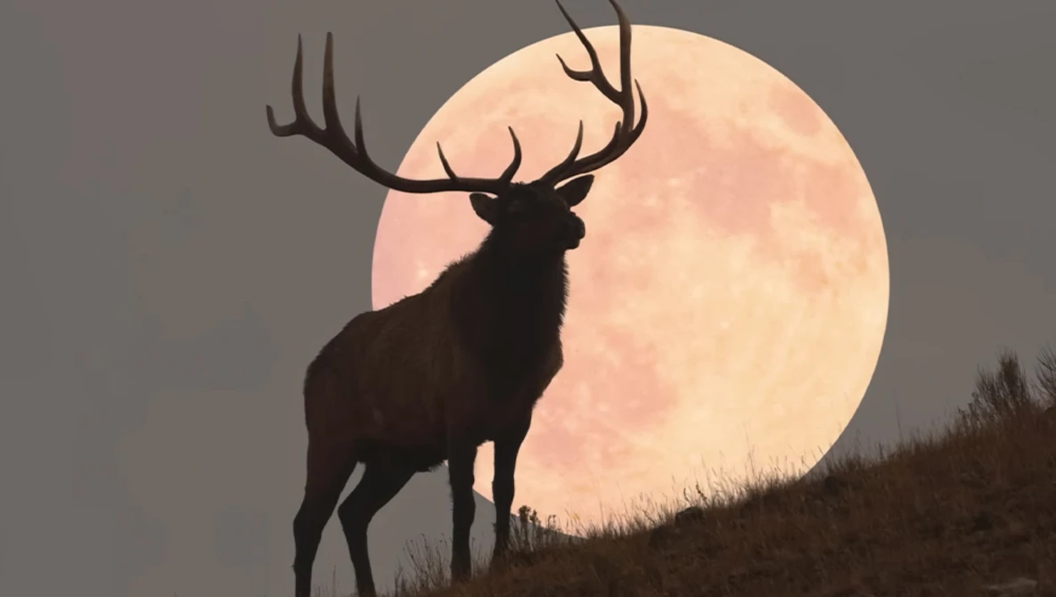 Silhouette of a large elk with branching antlers standing before a full moon on a hillside.