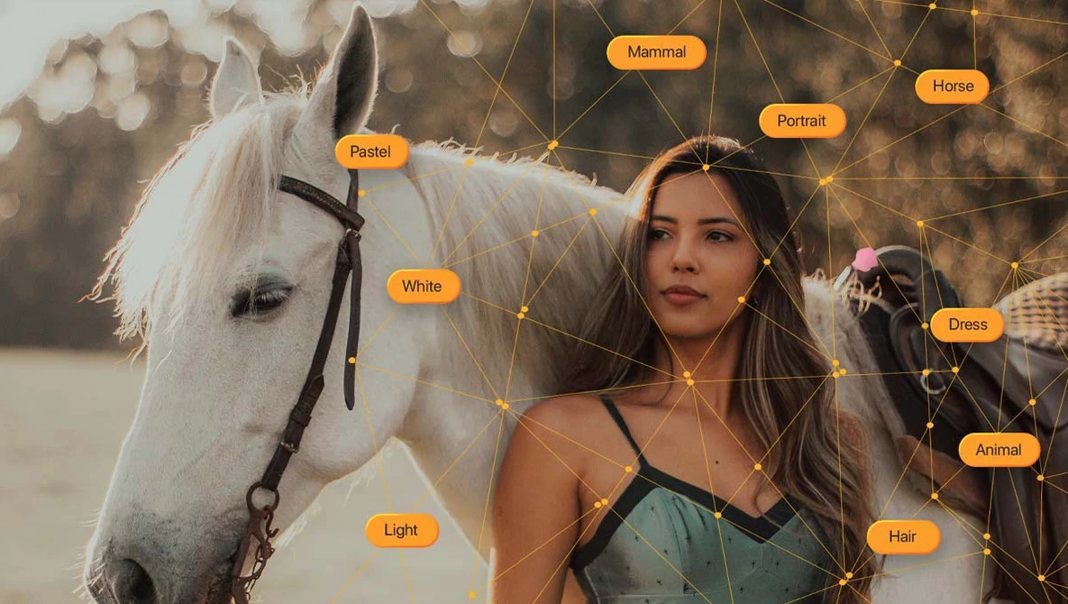 Woman beside white horse with AI-generated object labels overlaid as orange tags connected by lines.