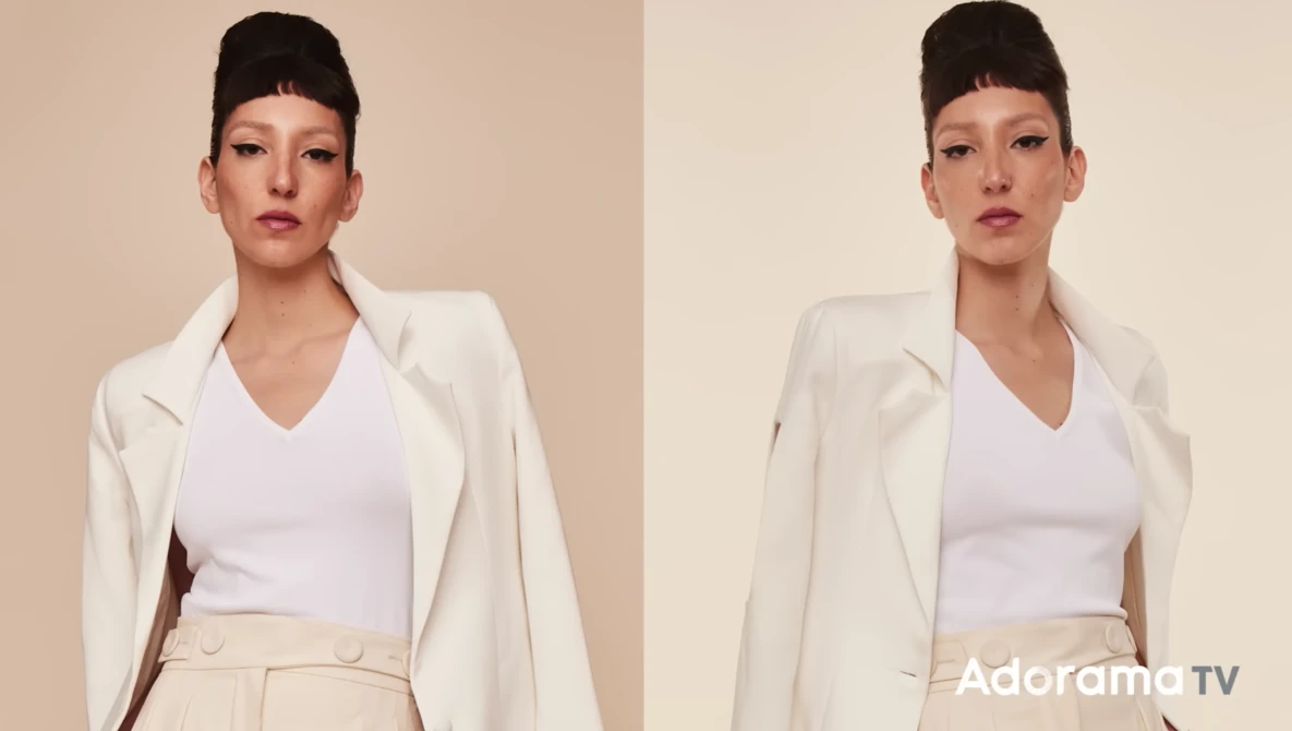 Side-by-side comparison of a woman in cream blazer and white V-neck top against neutral backdrops.