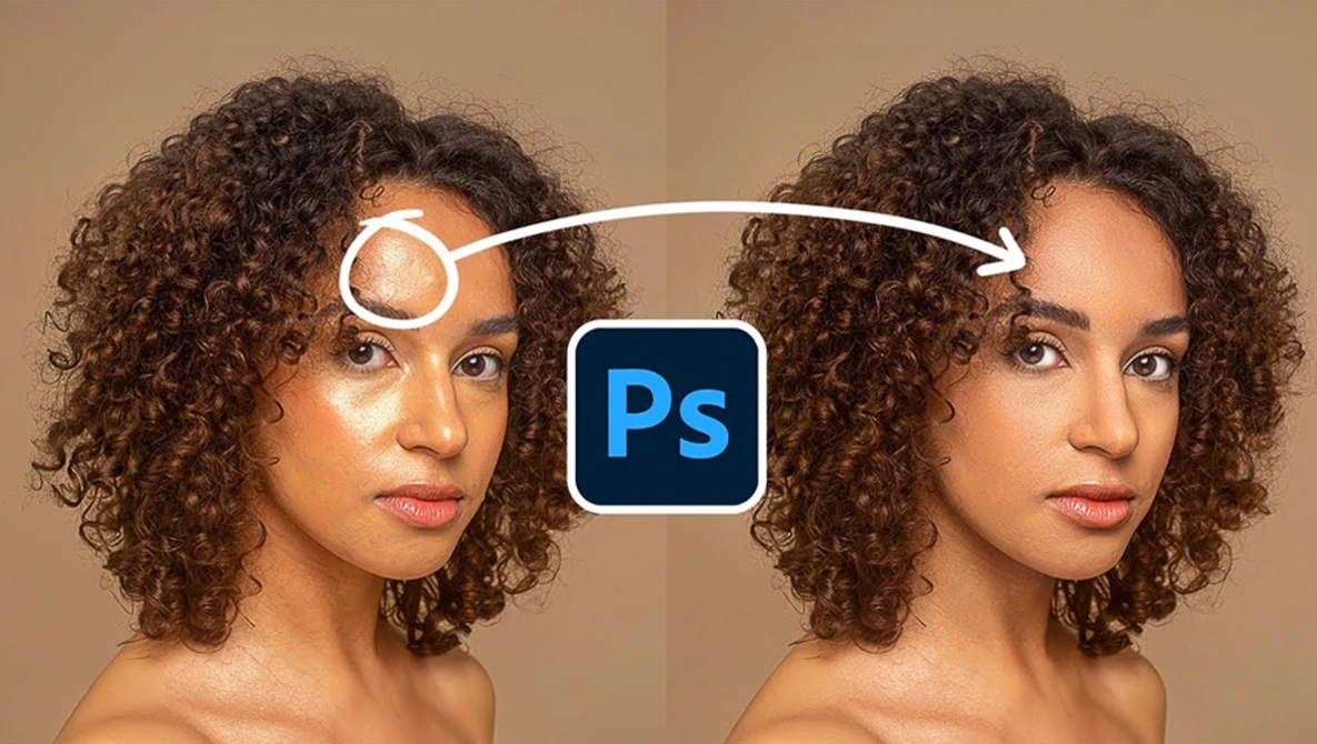 Before-and-after comparison showing skin retouching in Adobe Photoshop with highlight circle indicating blemish removal.