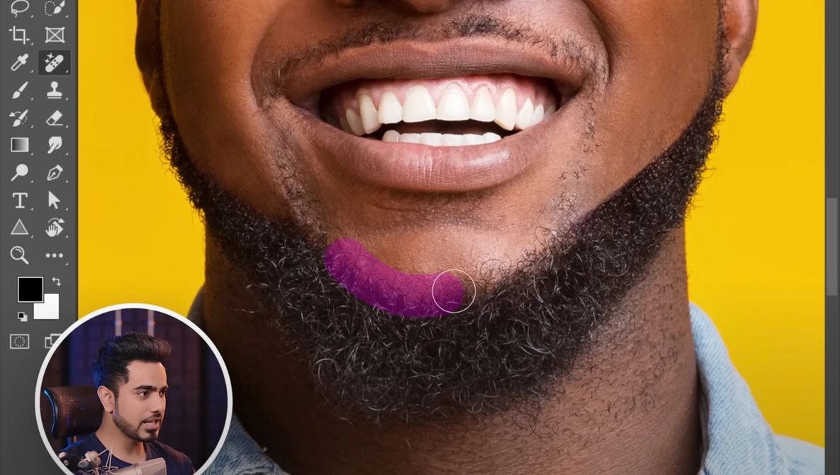 Screenshot of photo editing software showing a close-up portrait with selective color adjustments on the beard area.