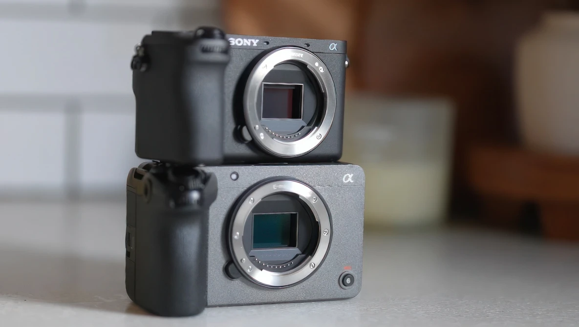 Two Sony Alpha mirrorless camera bodies stacked vertically, showing their sensor areas and lens mounts.