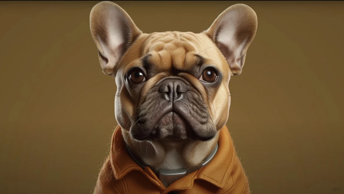 Fawn French Bulldog wearing tan jacket, looking directly at camera against warm brown background.