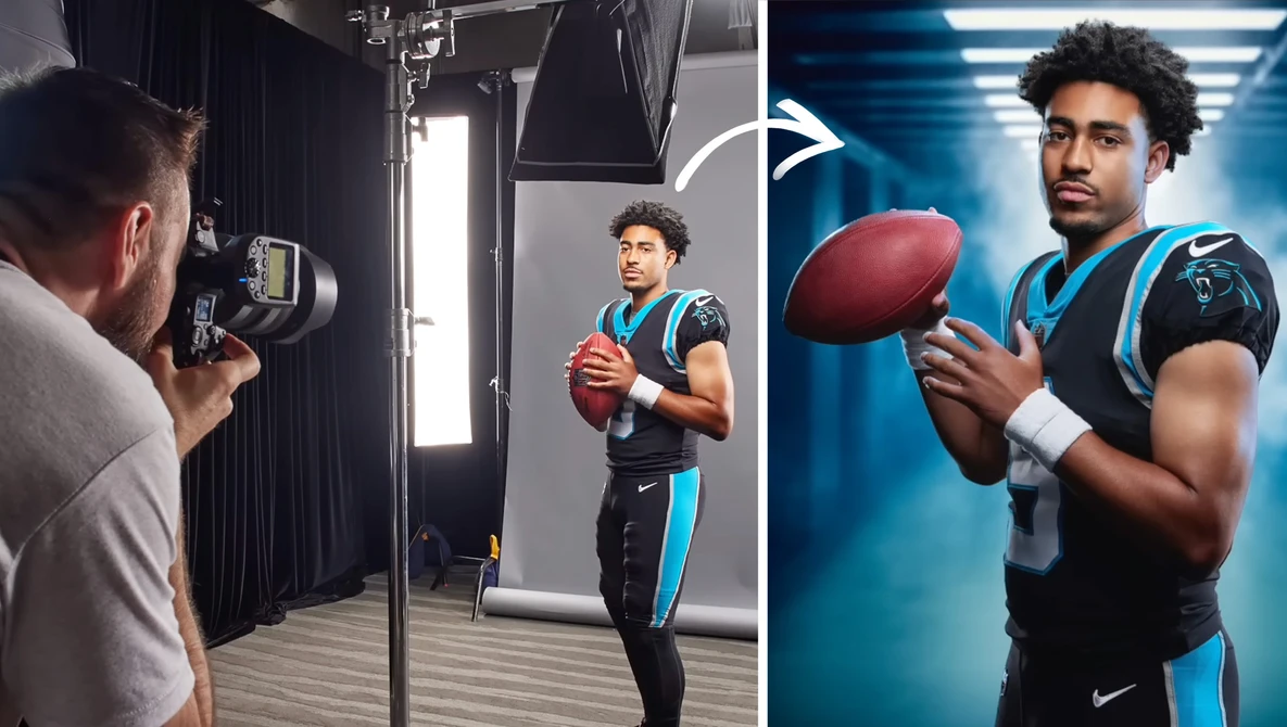 Behind-the-scenes of a sports portrait shoot with photographer and football player in studio lighting.