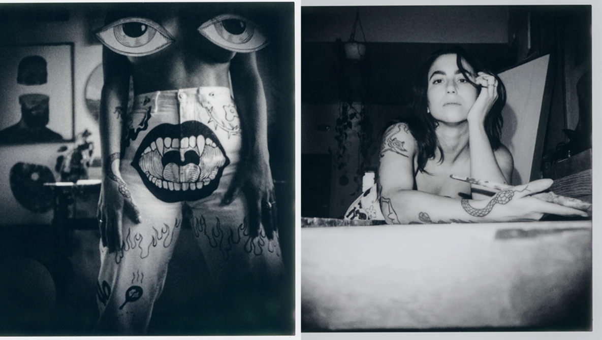 Two black and white portrait photographs showing experimental makeup and theatrical styling.