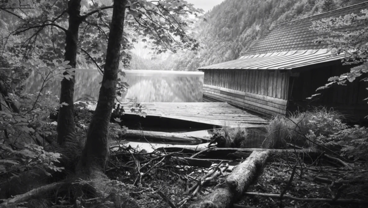 Covered bridge spanning a calm lake, surrounded by dense forest and fallen logs in the foreground.