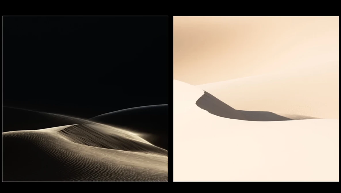 Diptych of minimalist desert dune photography with stark contrast between dark and light compositions.