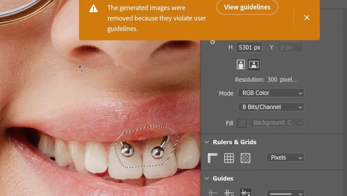 Screenshot of image editing software showing a close-up portrait with measurement tools and ruler guides overlaid.