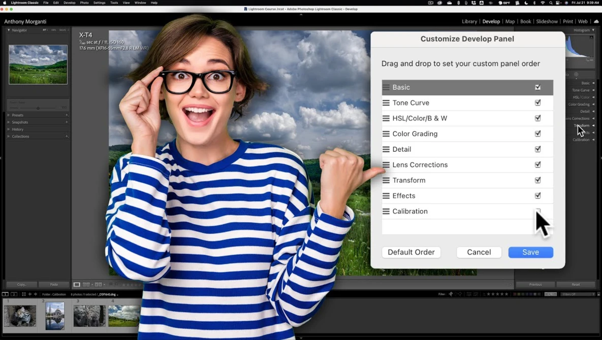 Screenshot of Adobe Lightroom's Develop panel customization dialog with a portrait of a smiling person in striped clothing.