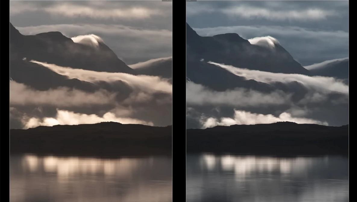 Side-by-side comparison of mountain landscape with fog and water reflection, showing different color grading treatments.