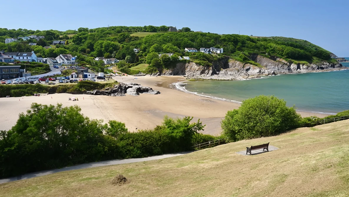 Coastal beach cove with turquoise water, sandy shore, and verdant hillside with a solitary bench in the foreground.
