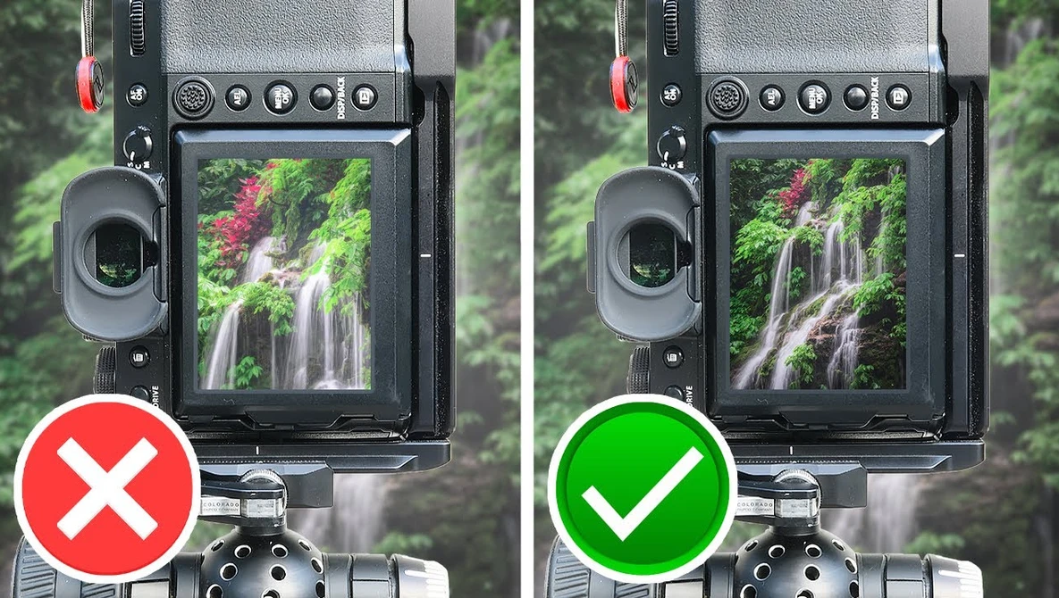 Comparison showing incorrect and correct composition framing of a waterfall landscape on a camera's LCD screen.