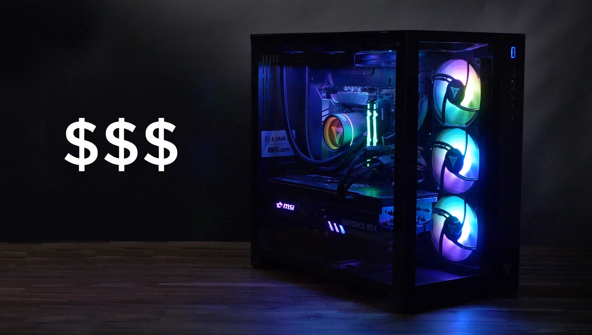 High-end gaming PC with illuminated RGB fans and components in black case against dark background.