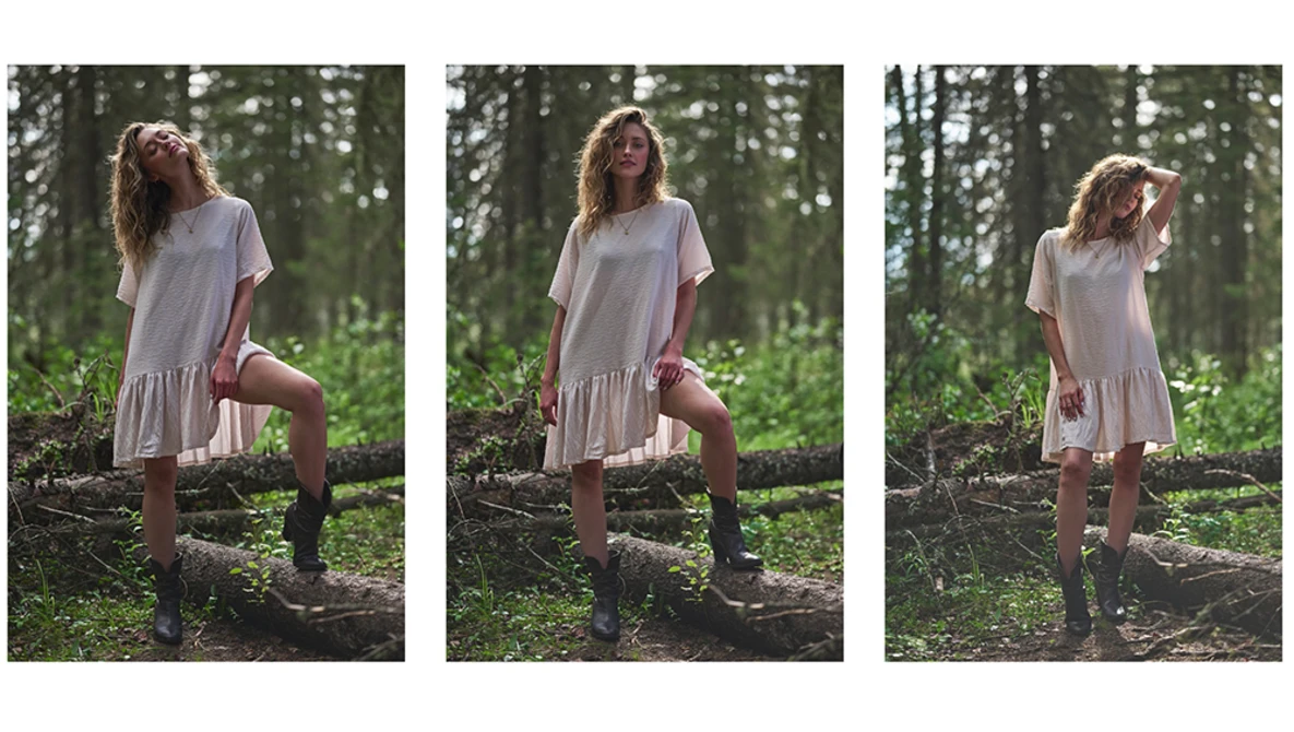 Woman in white dress posing on fallen log in forest, shown in three sequential poses.
