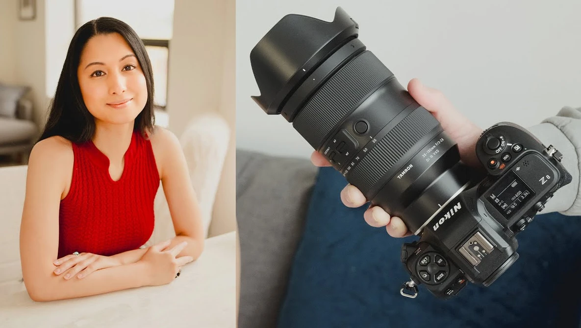 Portrait of woman in red sleeveless top alongside close-up of professional camera with telephoto lens and lens hood.