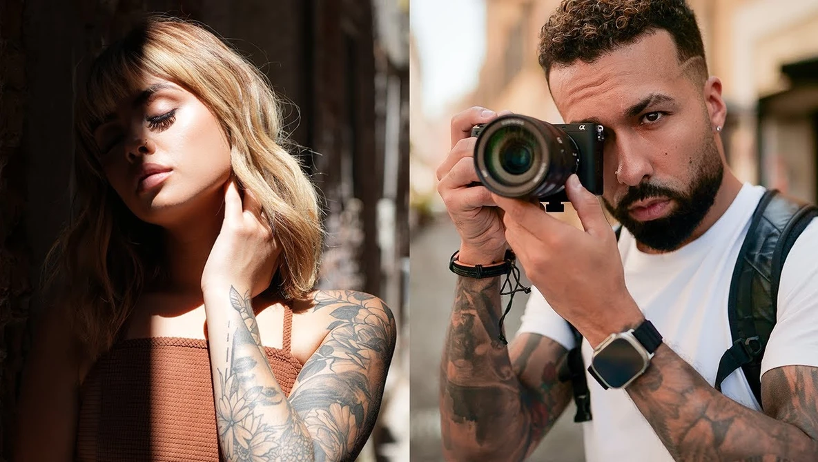 Split-frame comparison of portrait and photographer with camera during outdoor shoot.