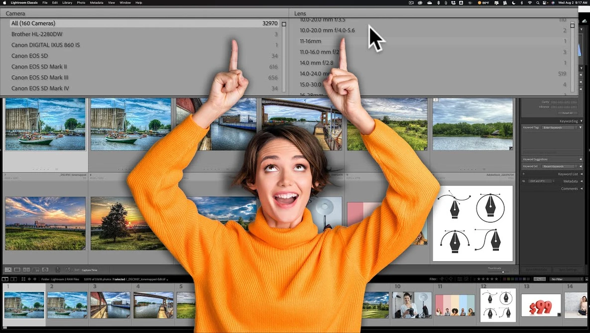 Screenshot of photo editing software with a woman in an orange sweater posing in front of multiple landscape photographs displayed on screen.