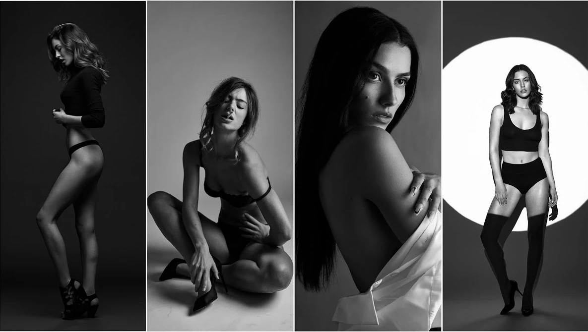 Four black and white portrait studies showcasing different poses and lighting techniques in studio photography.