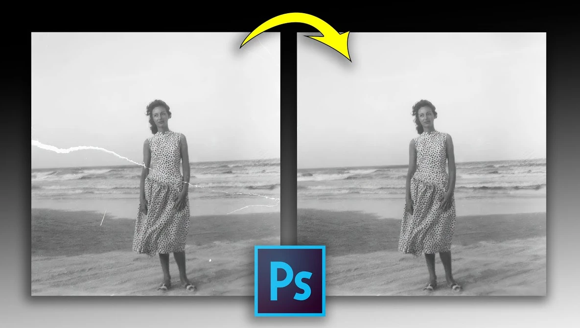 Screenshot showing before and after comparison of a beach portrait in Adobe Photoshop.