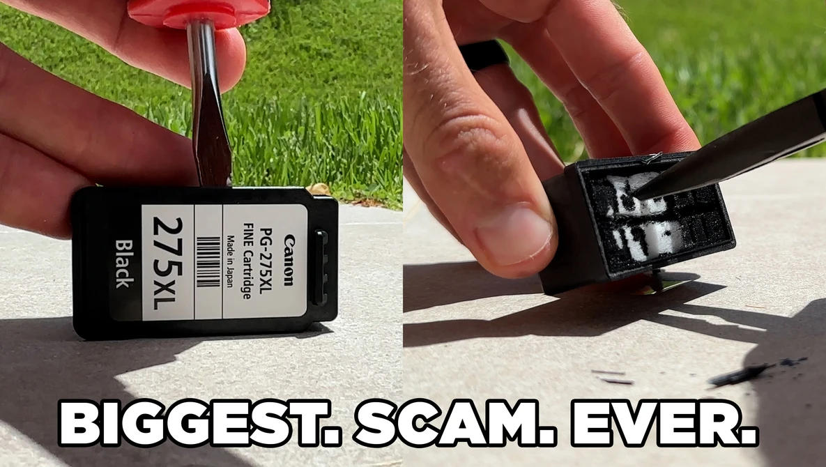 Ink cartridge labeled 27XL being held and demonstrated, with the cartridge's clip mechanism visible in close-up detail.