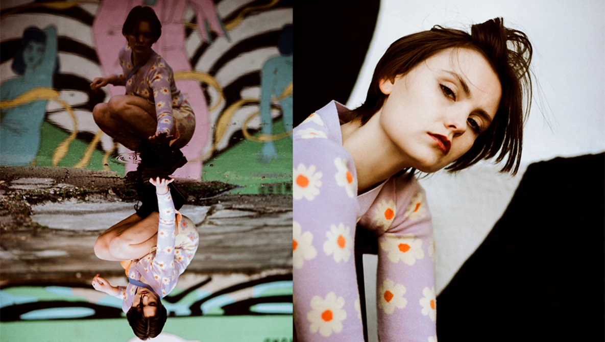 Diptych comparison showing figure in patterned clothing with reflection effect and portrait with geometric overlay.