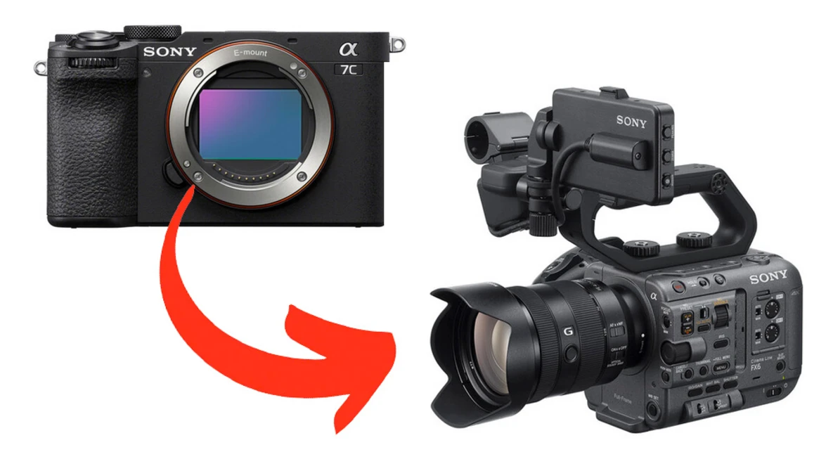 Sony Alpha 7C mirrorless camera body next to Sony FX30 cinema camera with lens attached.