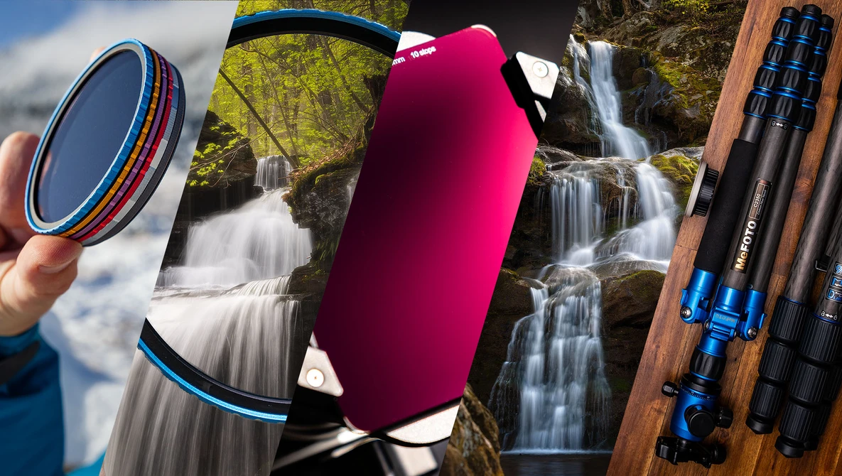 Photography gear including circular filters, a telephoto lens, and a camera bag arranged against a cascading waterfall backdrop.