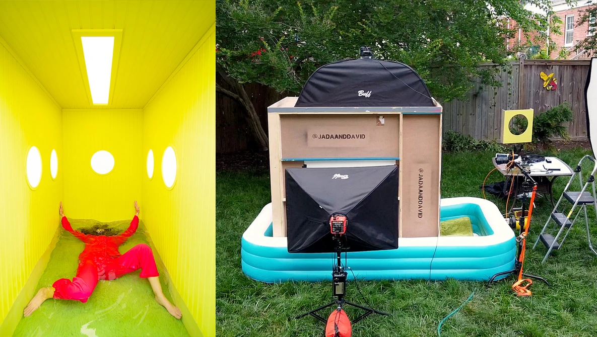 Split-screen comparison of a bright yellow enclosed space with a person in red clothing and a beige camping trailer setup in a backyard with a blue inflatable pool.