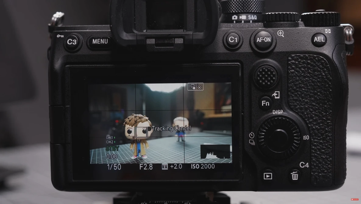 Screenshot of a mirrorless camera's rear LCD screen displaying live view with exposure settings overlay.