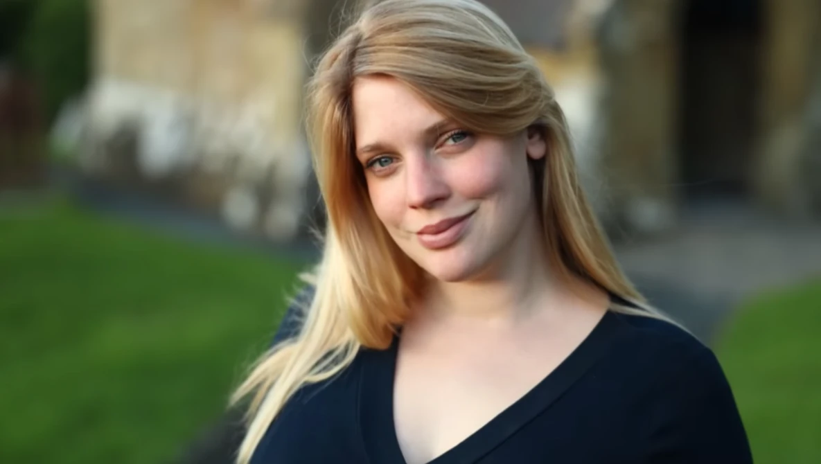 Portrait of a young woman with long blonde hair wearing a black v-neck shirt, photographed outdoors with soft natural light.