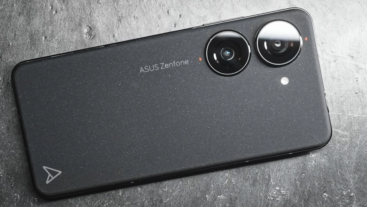 ASUS Zenfone smartphone rear showing dual camera module on dark textured background.