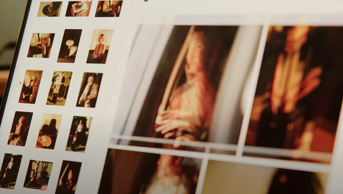 Contact sheet and enlarged prints showing portrait photography with warm, golden lighting and intimate framing.