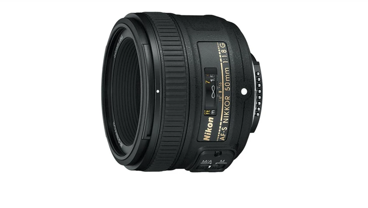 Nikon AF-S 50mm f/1.8G prime lens shown against white background.