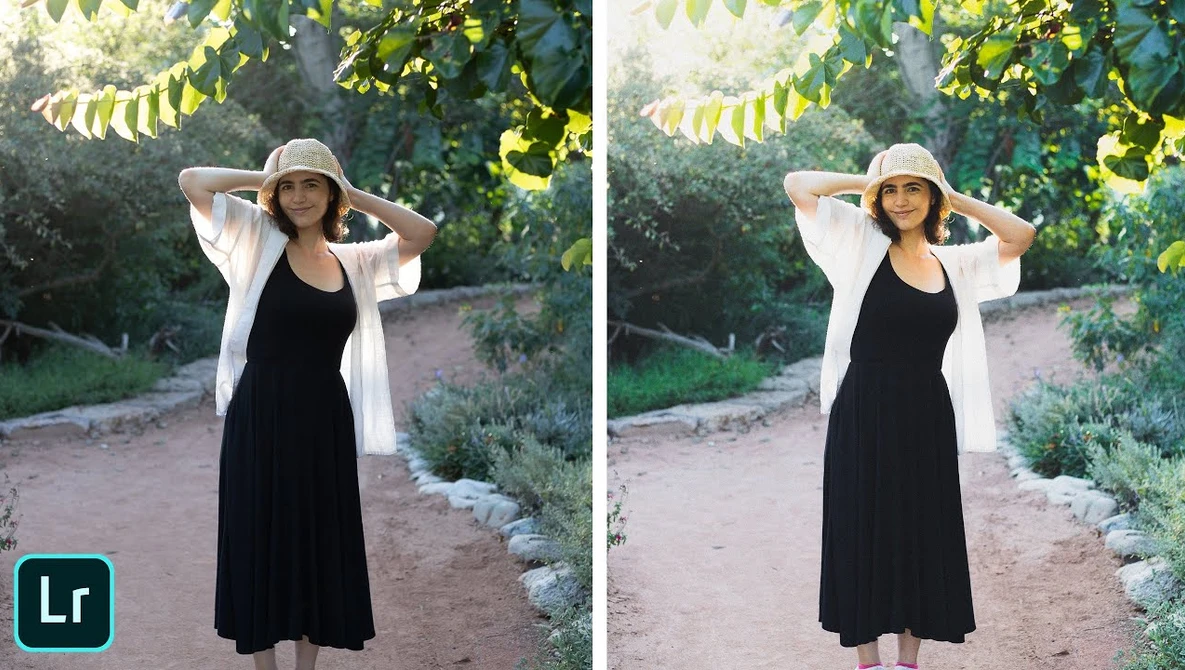 Before and after comparison of a woman in a garden wearing a black dress and straw hat, showing editing adjustments.