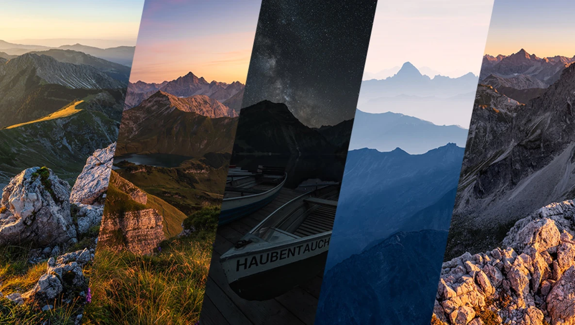 Alpine mountain landscape composite showing layered peaks at golden hour with a piano keyboard detail in the center.
