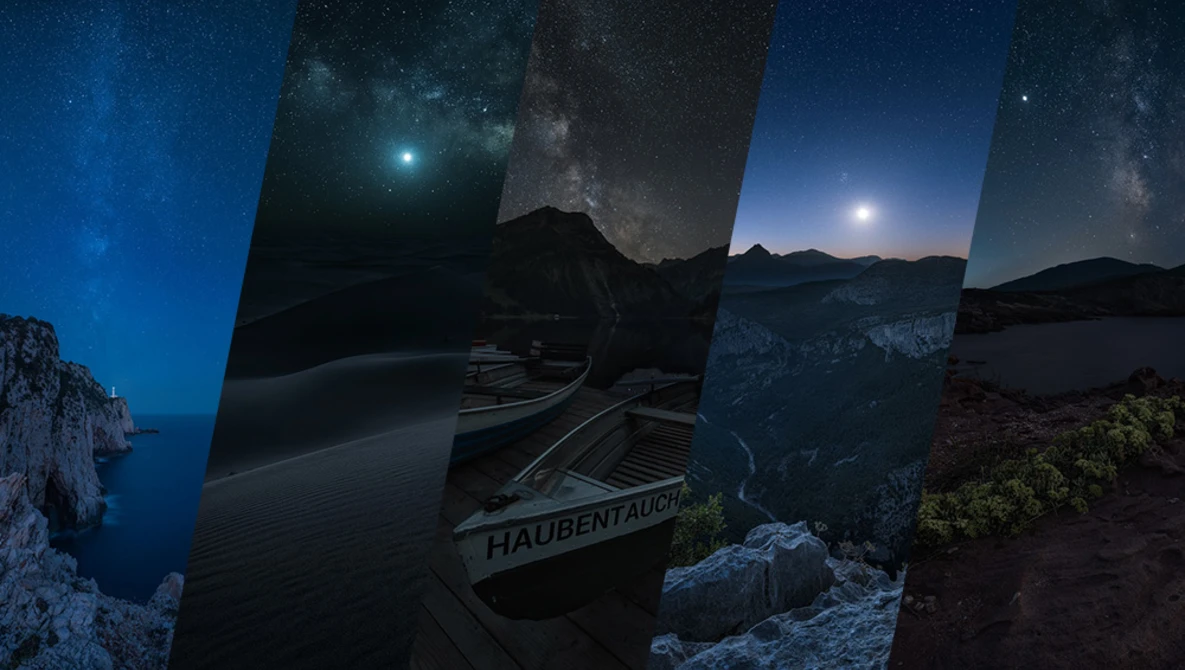 Composite image of nighttime landscape photography featuring starry skies, moonlight, and a boat with text overlay.