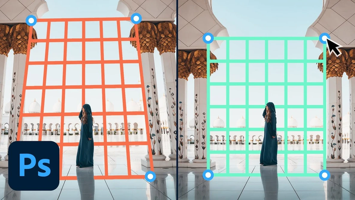 Screenshot showing Photoshop's grid selection tool overlaid on two side-by-side images of a woman in a modern interior space.