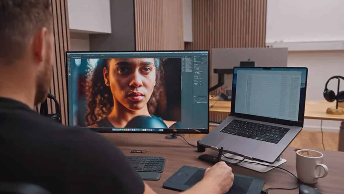 Photographer working at desk with external monitor displaying portrait editing in progress.